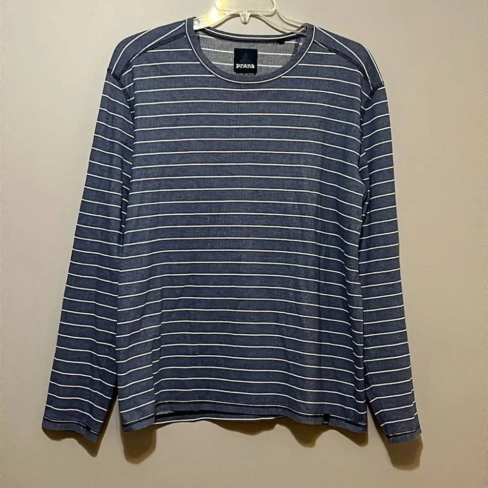prAna | Men’s blue & white striped long sleeve knit shirt size XL